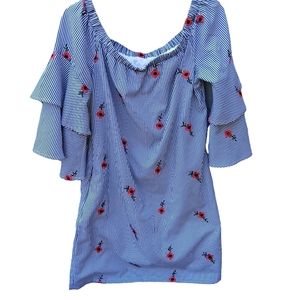 Betsey johnson pin stripe/ floral rose flare ruffle sleeves sz 12